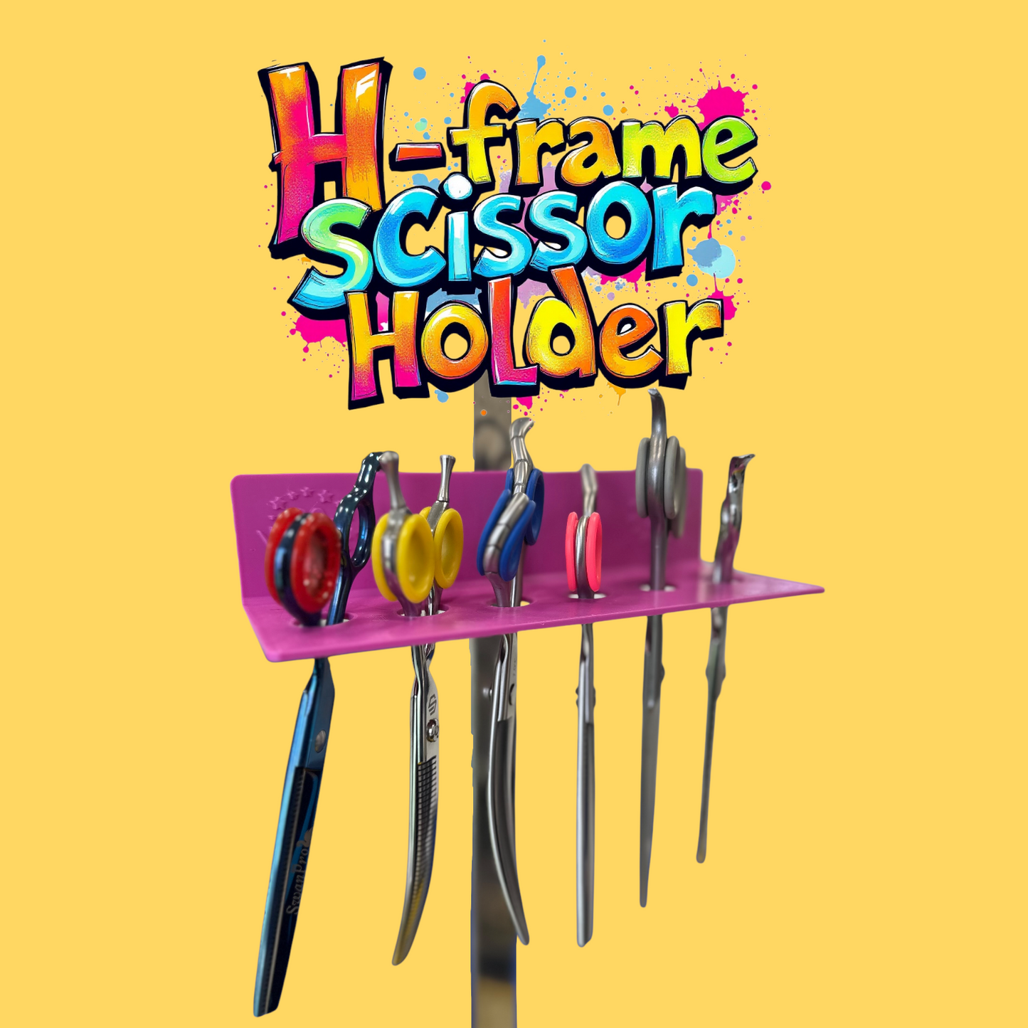 H-frame scissor holder designed for professional dog groomers, featuring a sturdy and compact design to securely organise and display grooming scissors