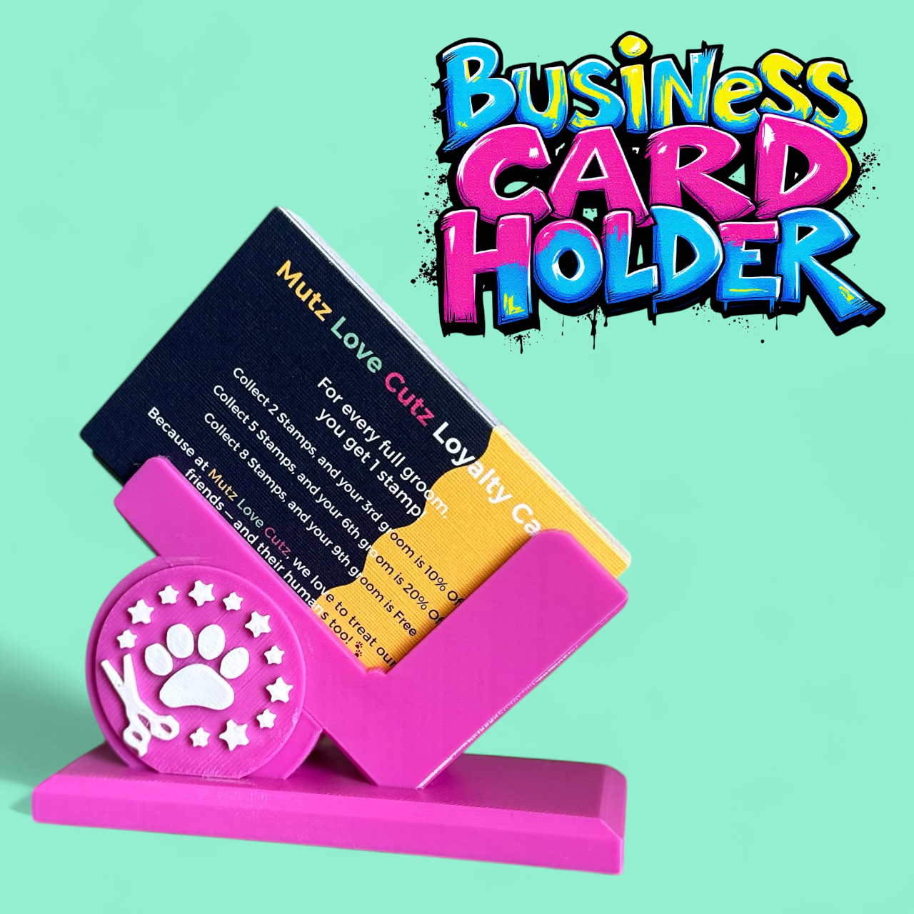 Dog grooming business card holder showcasing a sleek and organised design. Perfect for keeping your cards tidy and professional, tailored for groomers.